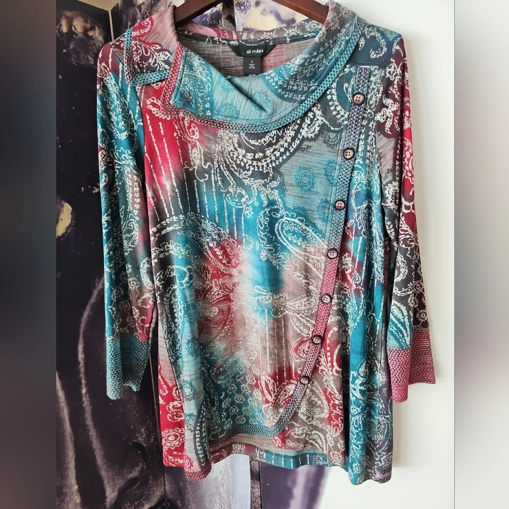 ALI MILES Women's Cowl Neck Soft Rayon Blend Paisley Design‎ Stitch Trim Top S - Picture 2 of 7